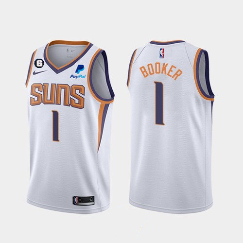 Mens Phoenix Suns #1 Devin Booker White Association Edition With NO.6 Patch Stitched Basketball Jersey->phoenix suns->NBA Jersey